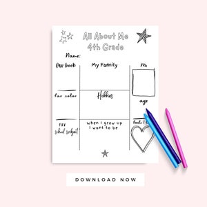 All About Me 4th Grade Printable Worksheet, Fourth Grade Classroom All About Me Project, 4th Grade Activity, Back to School Coloring Page