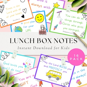 May include: A set of 16 colorful printable lunchbox notes for kids with inspirational messages and bible verses. The notes feature illustrations of a smiley face, a globe, a school bus, a pizza slice, a cupcake, a rocket, a telescope, and hearts.