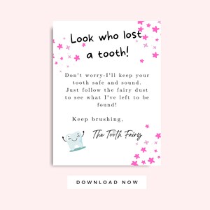 Carta del Hada de los Dientes para niños imprimible, nota del Hada de los Dientes de color rosa brillante, carta de dientes perdidos para niños y niñas, descarga instantánea del primer diente perdido