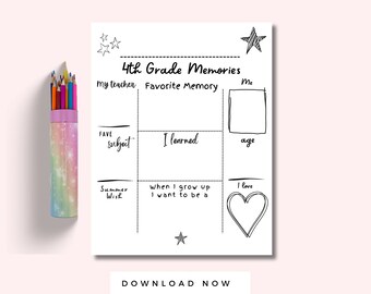 May include: A printable worksheet for 4th grade students to record their memories from the school year. The worksheet includes sections for favorite subject, what they learned, their age, summer wish, what they want to be when they grow up, and what they love.