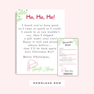 Carta de Papá Noel para niños imprimible, recibo de Papá Noel imprimible, paquete de 2 cartas y etiquetas de regalo de Papá Noel para niños, tarjetas navideñas Ho Ho Ho