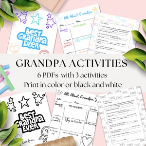 Páginas para colorear del Día del Padre del Abuelo, 3 páginas en blanco y negro y opciones multicolores, Tarjeta del Día de los Abuelos, Regalo, Entrevista con niños