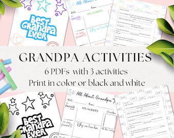Páginas para colorear del Día del Padre del Abuelo, 3 páginas en blanco y negro y opciones multicolores, Tarjeta del Día de los Abuelos, Regalo, Entrevista con niños