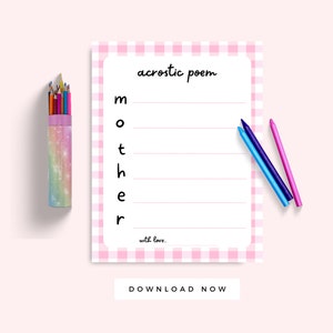 Carta de Dia das Mães de Crianças, Presente para Impressão de Cartão de Aniversário de Mãe, Modelo de Poema Acróstico de Mãe, Presente de Lembrança de Dia das Mães de Crianças