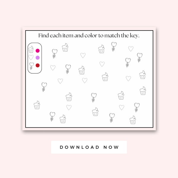 I spy, Color code, Search and find activity sheet, Valentine's Day Worksheet for Kids, Printable Preschool Activity, Valentine Coloring Page