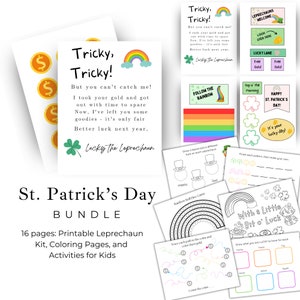 Pacote para impressão infantil do Dia de São Patrício, kit de armadilha de duende, carta de duende, páginas para colorir da sorte, trevo, atividades pré-escolares de arco-íris