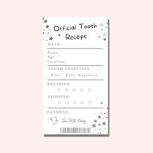 Reçu de fée des dents pour enfants imprimable, 3,5 x 6,5'' note de fée des dents noir et blanc, certificat de dent, lettre de dent perdue garçons et filles
