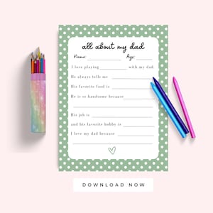 Carta de entrevista preescolar Todo sobre mi padre, Carta de los niños para el Día del Padre, Regalo imprimible de tarjeta de cumpleaños para papá, Actividad para niños, Lunares verdes