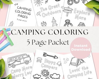 Camping Coloring Pages PDF, 5 Page Camping Activity Packet for Kids, Summer Kid Printables, Preschool Coloring Pages, Instant Download