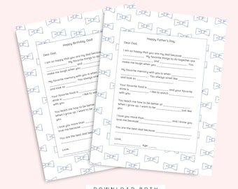Father&#39;s Day Letter from Kids Printable navy bowties, Card for Dad Printable Gift, Dad Birthday Gift, Preschool Interview, Instant download