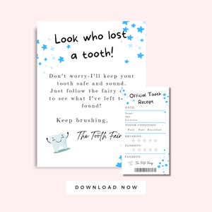 Lettre de la fée des dents et reçu de la dent perdue pour enfants, impression bleue, lettre de la fée des dents, lettre de la dent perdue pour garçons et filles, étoiles bleu vif