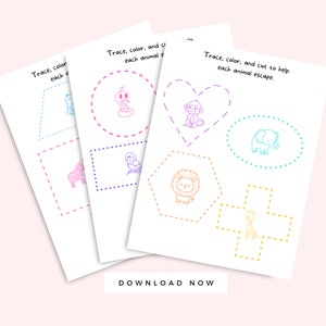 Jungle Animals Preschool Cutting and Tracing Shapes Practice, Multicolor Kid Activity Printable, Scissor Worksheet, Fine Motor Skills