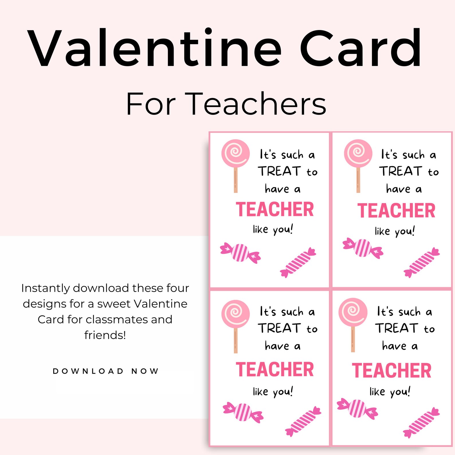 Pink Treat Valentine's Day Cards for Teachers, Printable Card, Teacher ...