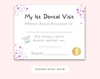 Attestation officielle de ma 1ère visite chez le dentiste imprimable, lettre de récompense du premier dentiste pour enfants étoilés, dents saines, violet, santé dentaire