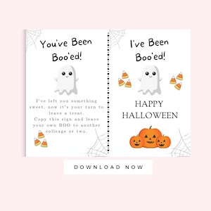May include: A Halloween-themed printable featuring two cards with ghost illustrations and the phrases "You've Been Boo'ed!" and "I've Been Boo'ed!". The cards include text about leaving treats and a "Happy Halloween" message, along with pumpkin and candy corn graphics.