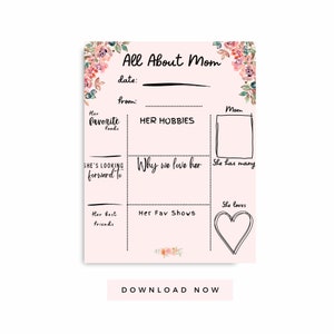 Cartão para impressão Tudo sobre a mamãe rosa com flores, carta de dia das mães das crianças, presente de aniversário da mãe pré-escolar, download instantâneo de atividades infantis