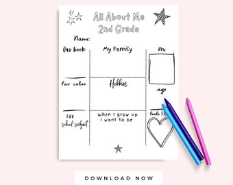 All About Me 2nd Grade Printable Worksheet, Second Grade Classroom All About Me Project, 2nd Grade Activity, Back to School Coloring Page