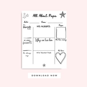 All About Papa Board, Father's Day Grandpa Coloring Page, , Grandparent's Day Gift from Kids, Instant Download Grandpa Birthday Card