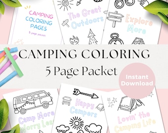 Camping Coloring Pages PDF, 5 Page Camping Activity Packet for Kids, Summer Kid Printables, Preschool Coloring Pages, Instant Download