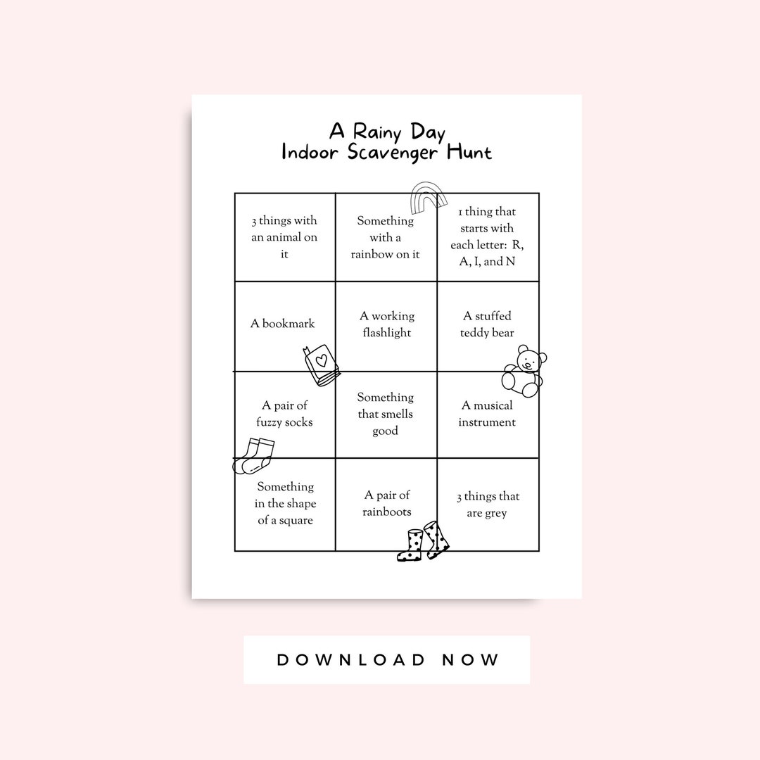 Rainy Day Scavenger Hunt Printable for Kids Black and White, Indoor