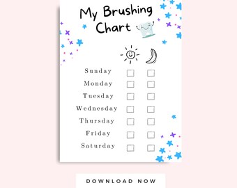 Pode incluir: Um gráfico imprimível para as crianças acompanharem seus hábitos de escovação. O gráfico apresenta um dente sorridente, um sol, uma lua e caixas de seleção para cada dia da semana. O texto "My Brushing Chart" está no topo do gráfico. O texto "DOWNLOAD NOW" está na parte inferior do gráfico.