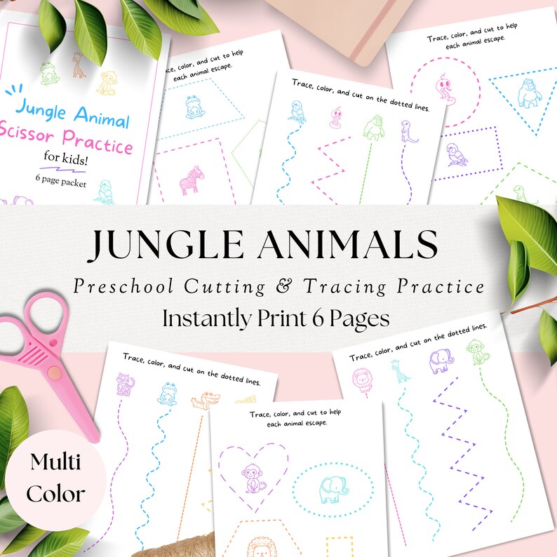 Jungle Animals Preschool Cutting and Tracing Practice, Kid Activity