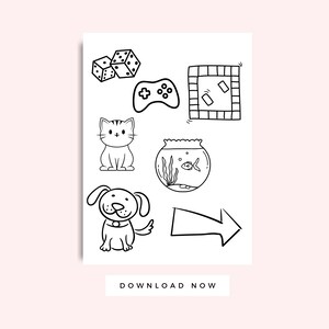 K&ouml;nnte beinhalten: Schwarzwei&szlig;e Linienzeichnungen von einer Katze, einem Hund, W&uuml;rfeln, einem Gamecontroller, einem Aquarium mit einem Fisch, einem Brettspiel und einem Pfeil. Der Text "DOWNLOAD NOW" befindet sich am unteren Rand des Bildes.