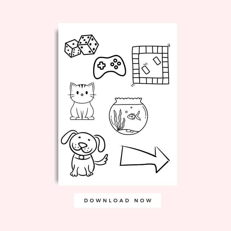 K&ouml;nnte beinhalten: Schwarzwei&szlig;e Linienzeichnungen von einer Katze, einem Hund, W&uuml;rfeln, einem Gamecontroller, einem Aquarium mit einem Fisch, einem Brettspiel und einem Pfeil. Der Text "DOWNLOAD NOW" befindet sich am unteren Rand des Bildes.