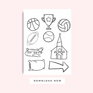 K&ouml;nnte beinhalten: Schwarz-wei&szlig;e Strichzeichnungen verschiedener Objekte, darunter ein Basketball, ein Volleyball, ein Football, ein Baseball, eine Troph&auml;e, eine Kirche, ein Flugzeug, ein Kissen und ein Pfeil. Der Text "DOWNLOAD NOW" befindet sich am unteren Rand des Bildes.