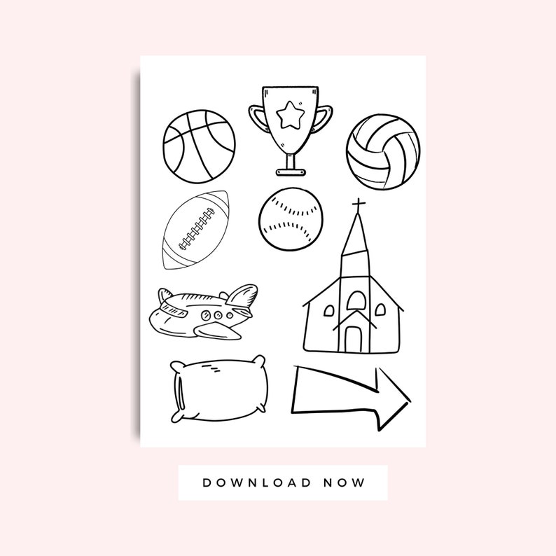 K&ouml;nnte beinhalten: Schwarz-wei&szlig;e Strichzeichnungen verschiedener Objekte, darunter ein Basketball, ein Volleyball, ein Football, ein Baseball, eine Troph&auml;e, eine Kirche, ein Flugzeug, ein Kissen und ein Pfeil. Der Text "DOWNLOAD NOW" befindet sich am unteren Rand des Bildes.