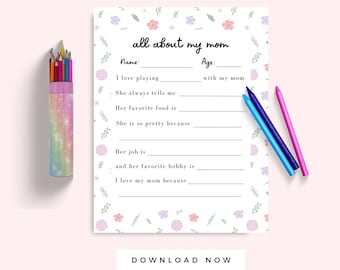 Mother's Day Letter from Kids, Mom's Birthday Card Printable Gift, All about my mom Preschool Interview Note, Kid Activity, Keepsake for Mom