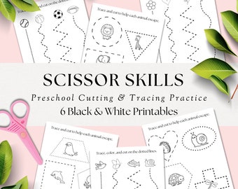 Preschool Scissor Skills Printable Worksheets Black and White, Kids Tracing and Cutting Practice Pages, Fine Motor Skills, Instant Download