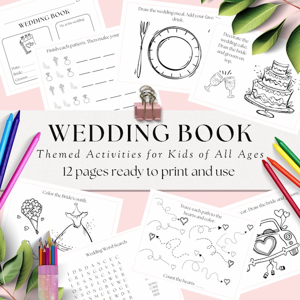 Wedding Activity Book for Kids, Wedding Kid Table Coloring Pages, Instant download printable for reception, Preschool Wedding Day Activities