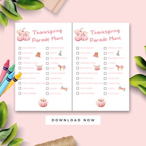 Thanksgiving Parade Scavenger Hunt, Printable Thanksgiving Kid Activity, Thanksgiving Activity for Families, pink pumpkins Half sheet