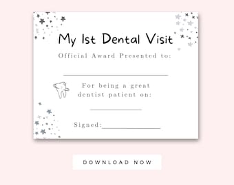 Certificat officiel de ma 1ère visite chez le dentiste imprimable, lettre de récompense du premier dentiste pour enfants, dents saines, noir et blanc, santé dentaire