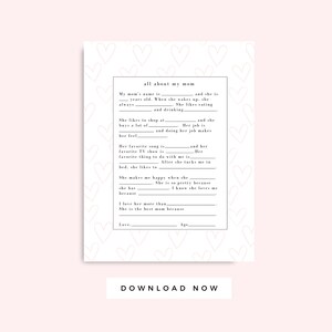Carta do Dia das Mães de crianças para impressão, corações brancos e rosa, presente para impressão de cartão de dia das mães, entrevista, coloração pré-escolar, download instantâneo