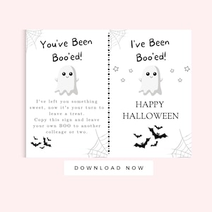 May include: A printable Halloween Boo'ed sign with a cute ghost illustration. The sign says "You've Been Boo'ed!" and "I've left you something sweet, now it's your turn to leave a treat. Copy this sign and leave your own BOO to another collage or two." The sign also says "I've Been Boo'ed!" and "Happy Halloween".