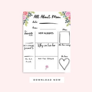 Cartão para impressão Tudo sobre a mamãe branco com peônias, carta de dia das mães das crianças, presente de aniversário da mãe pré-escolar, download instantâneo de atividades infantis