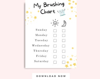 Pode incluir: Um gráfico imprimível para as crianças acompanharem seus hábitos de escovação. O gráfico apresenta um dente sorridente, um sol, uma lua e estrelas. Inclui os dias da semana e duas caixas de seleção para cada dia, uma para a escovação da manhã e outra para a escovação da noite. O texto "My Brushing Chart" está no topo do gráfico. O texto "DOWNLOAD NOW" está na parte inferior do gráfico.