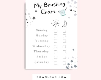Pode incluir: Um gráfico de escovação imprimível em preto e branco para crianças com um dente de desenho animado bonito, sol e lua. O gráfico tem um espaço para marcar cada dia da semana para escovar os dentes de manhã e à noite. O texto no gráfico diz "Meu gráfico de escovação".