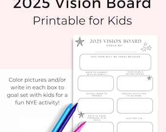 2025 Vision Board Printable for Kids, Home Learning Activity, Kids Printable Vision Board, Kids Planner Page, Kids Goal Board, Black & White
