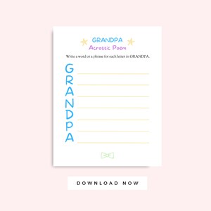 Poema acróstico del abuelo, actividad para niños imprimible del día de los abuelos, tarjeta de abuelo de descarga instantánea, tarjeta de cumpleaños del abuelo de los niños