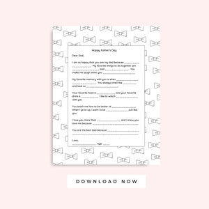 Lettre de la fête des pères des enfants imprimables noeuds papillon noir et blanc, carte pour cadeau imprimable papa, entretien préscolaire, téléchargement immédiat