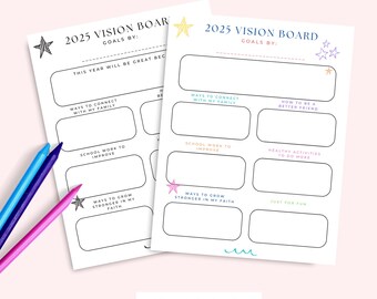 Tablero de visión imprimible para niños 2025, actividad de aprendizaje en casa, tablero de visión imprimible para niños, página de planificación para niños, tablero de objetivos para niños, color y blanco y negro