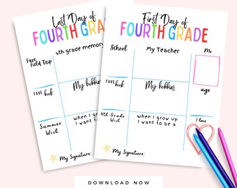May include: Printable first and last day of fourth grade memory sheets. The sheets have a colorful rainbow design and include prompts for students to fill in their favorite things about the school year.