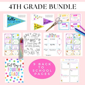 First Day of 4th Grade Printable Bundle, Fourth Grade School Activities, 4th Grade Goals, Pennant Flags, Lunch Box Note, Back to School Sign