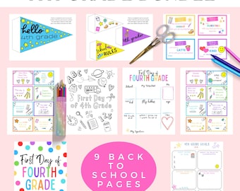 May include: A collection of 9 back-to-school pages for 4th grade, including pennants, goal sheets, and first-day activities. The pages feature colorful designs and text like "hello 4th grade" and "First Day of Fourth Grade."