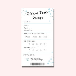 Recibo del Hada de los Dientes para niños imprimible, nota del Hada de los Dientes Azules de 3,5 x 6,5 pulgadas, certificado de dientes perdidos para niños y niñas, carta de dientes perdidos