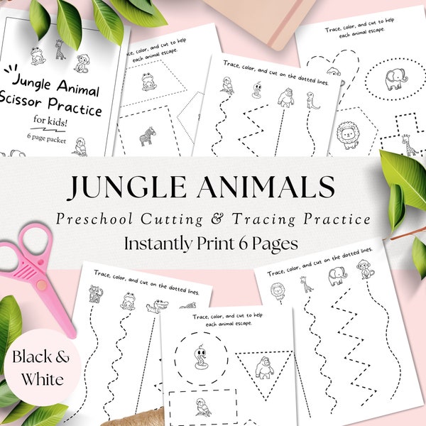Jungle Animals Preschool Cutting and Tracing Practice, Kid Activity Printable, Scissor Skills Worksheet, Fine Motor Skills, Instant Download
