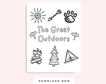 Camping Coloring Pages PDF Printable, The Great Outdoors Picture, Summer Kid Activity, Preschool Coloring Pages, Instant Download Worksheet